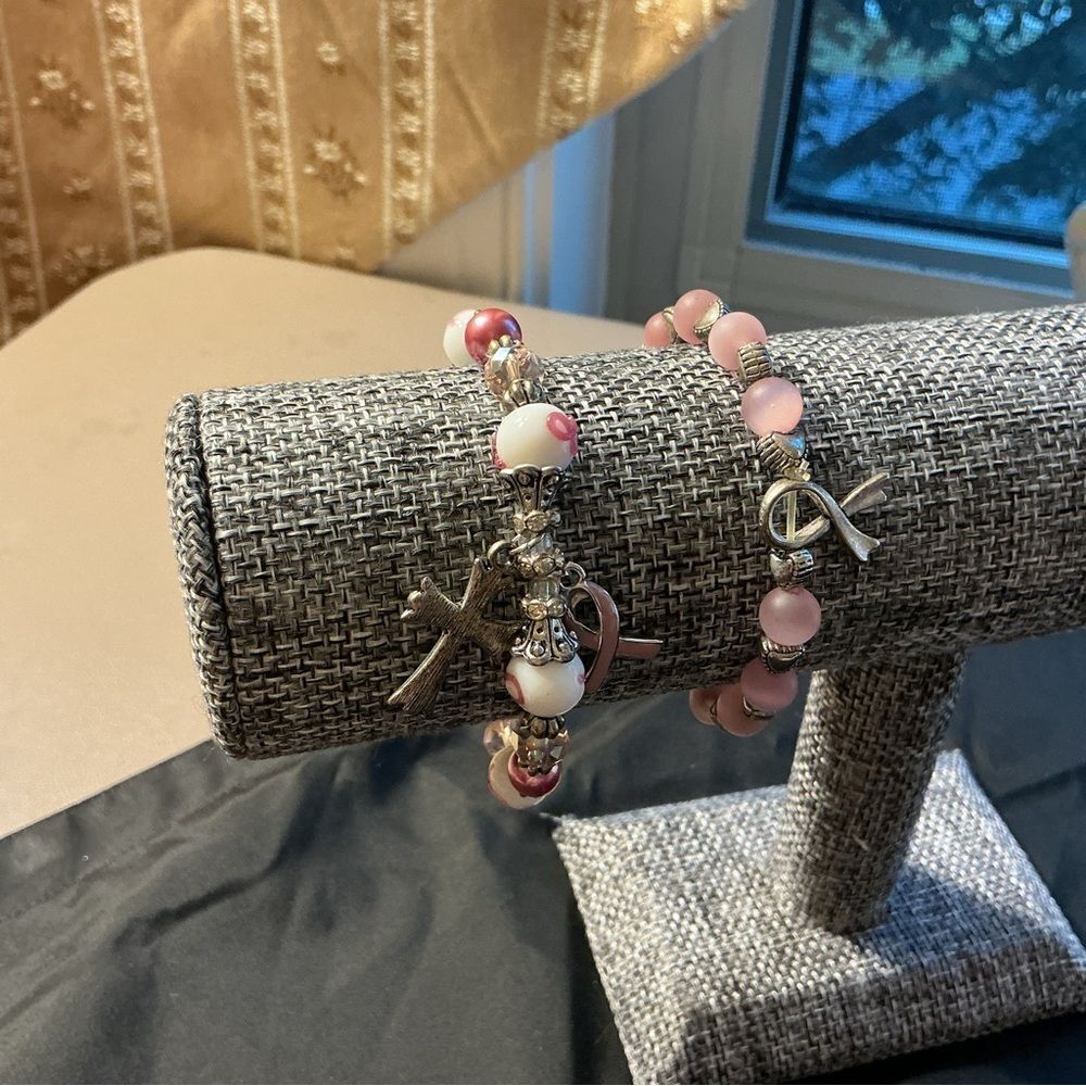 Set of 2 Breast Cancer Awareness Bracelets in Pinks and Charms